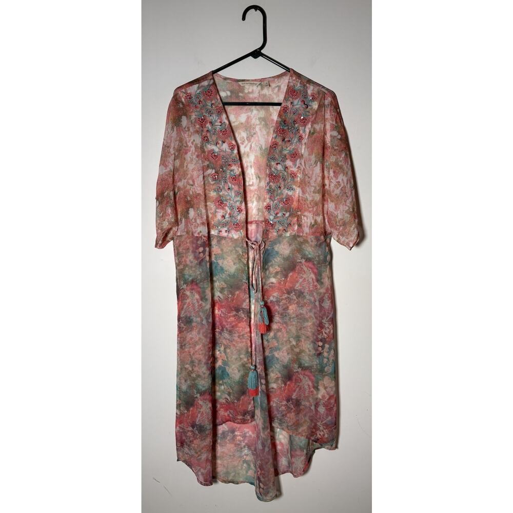 Soft Surroundings Swim cover Primavera Sheer Embroidered Sequin Ties Kimono XL